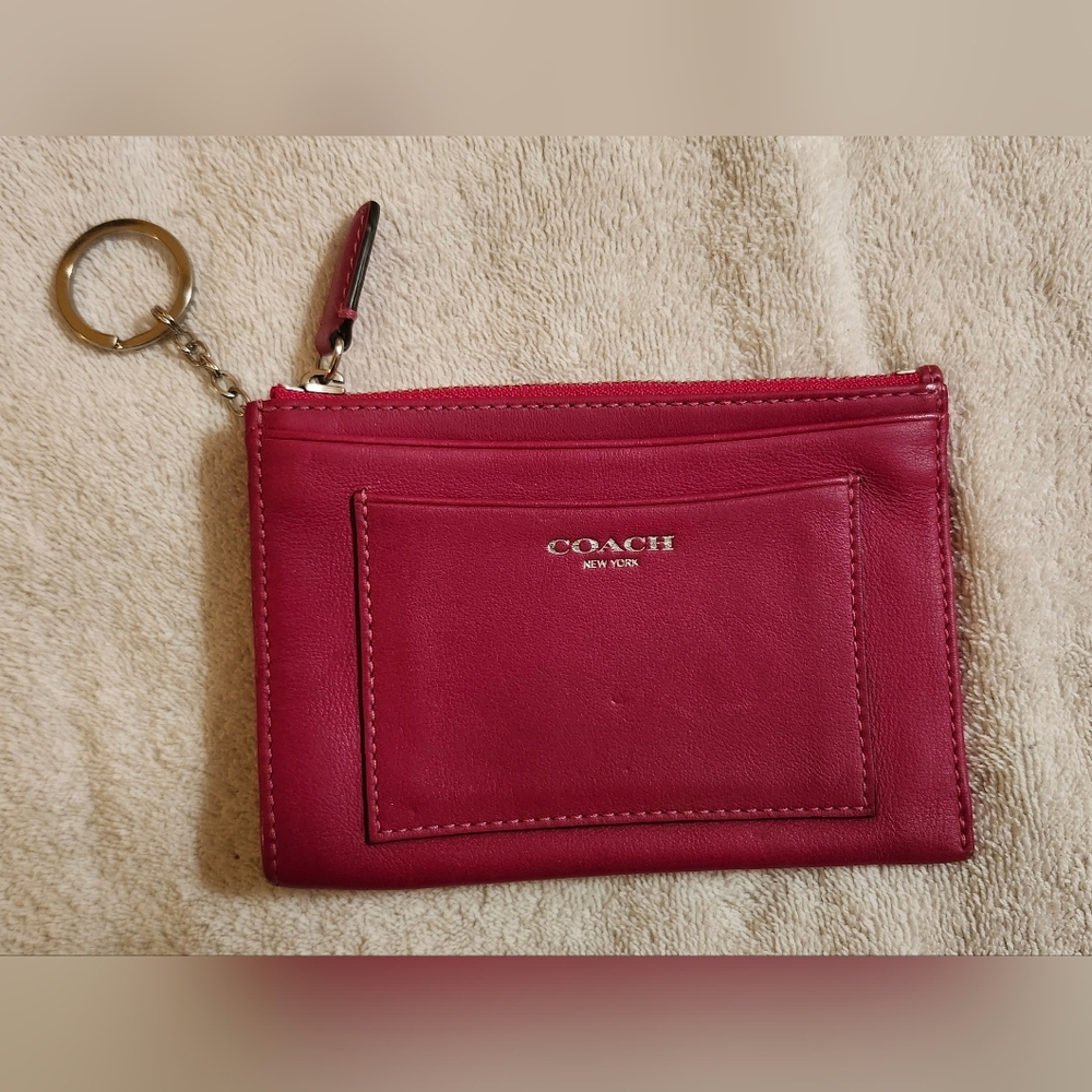 GUC Coach Hot Pink Saffiano Leather Top Zip Keychain Wallet